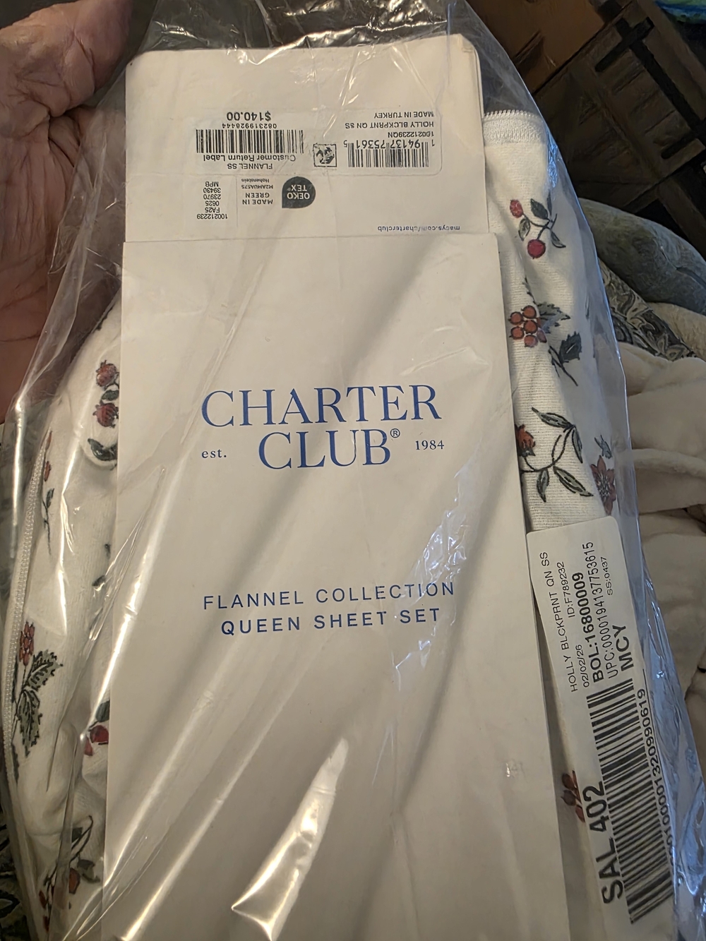 Charter Club White Flannel Sheet Set with Red and Green Floral Print